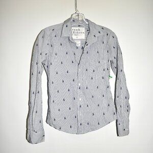 new $225 Frank & Eileen Barry Crinkle Blue Sailboats Shirt Button Top XXS